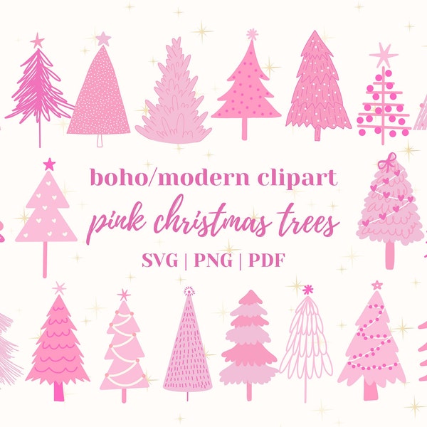 Modern Christmas Tree SVG | Boho Trendy Pink Christmas Tree SVG Bundle | Mid Modern Whimsical Minimalist Simple Christmas Tree Clipart