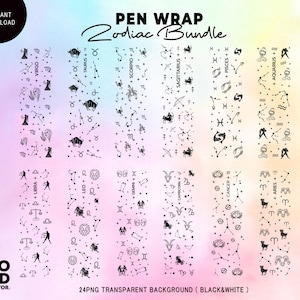Zodiac pen wrap bundle, DIY Epoxy Pen wrap PNG, instant download Black&White transparent