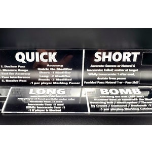 May include: A set of four clear acrylic game pieces with white text. The pieces are labeled "Quick", "Short", "Long", and "Bomb". Each piece has a description of the rules for the game.