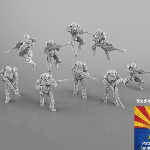 May include: A set of ten gray plastic miniature figures holding rifles. The figures are posed in various action stances. The figures are for a tabletop game or role-playing game.