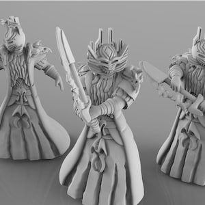 May include: Three 3D printed miniature figures of fantasy warriors wearing armor and robes, holding swords and axes. The figures are gray and have intricate details.