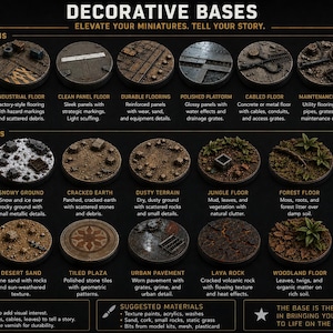 May include: A promotional image showcasing various decorative bases for miniatures, including interior and exterior locations. The bases feature textures like metal plating, rocky ground, and desert sand, with suggested materials and tips for use.