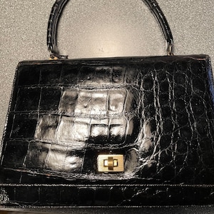 Black Alligator handbag 7x9.5 from handle 11 total height image 1