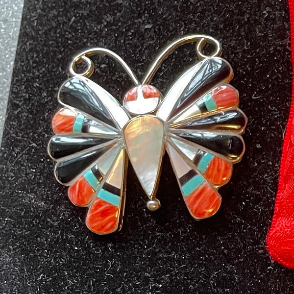 Sara Edaakie Native American made large sterling silver butterfly Pin with Coral, jet, turquoise and a pearly white inlays