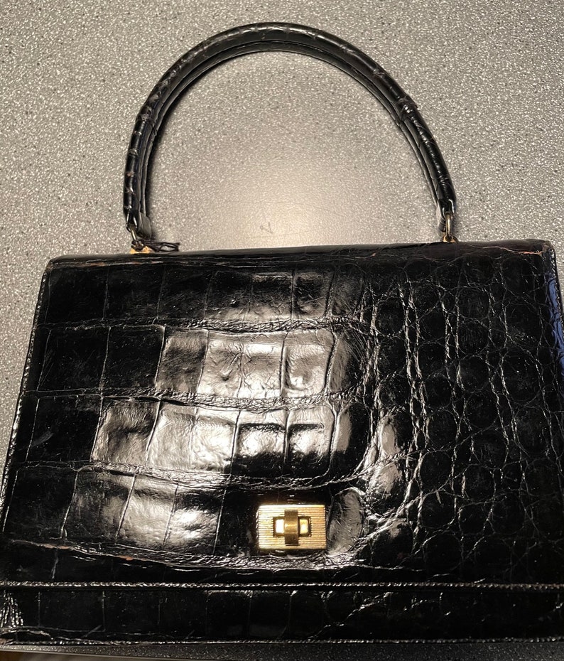 Black Alligator handbag 7x9.5 from handle 11 total height image 1