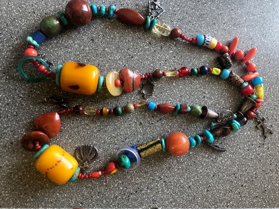 Necklace - turquoise, amber, sterling silver - image 2