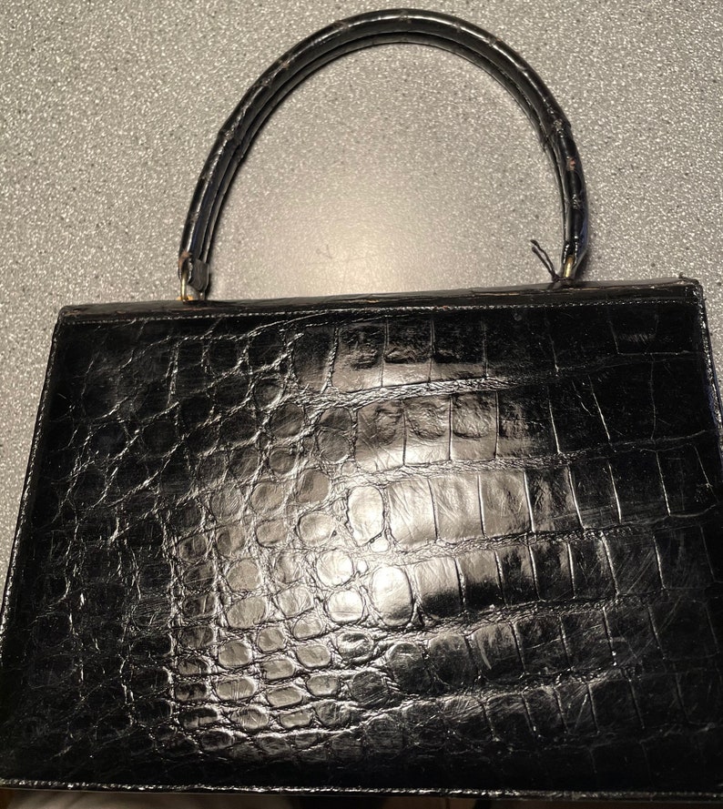 Black Alligator handbag 7x9.5 from handle 11 total height image 2