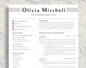 Professional Resume Template 1, 2 Page Resume Simple CV Template, Cover Letter Template for MS Word, Pages, Instant Download, Modern Resume