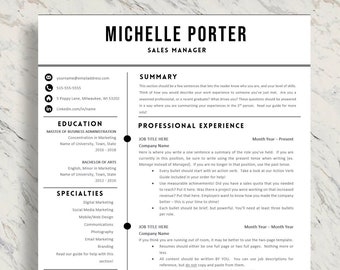 Professional Resume Template 1, 2 Page Resume Simple CV Template, Cover Letter Template for MS Word, Pages, Instant Download, Modern Resume