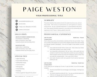 Professional Resume Template 1, 2 Page Resume Simple CV Template, Cover Letter Template for MS Word, Pages, Editable Resume, Modern Resume