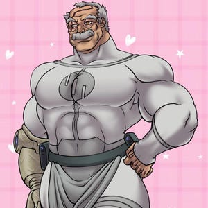 May include: A muscular, older man with a white beard and moustache is wearing a white jumpsuit with a large, circular emblem on the chest. He has a robotic arm and is standing with one hand on his hip.