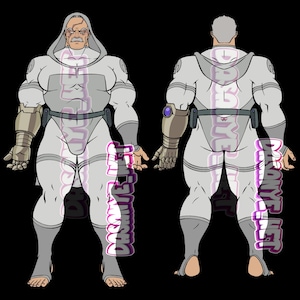 May include: Illustration of a character in a white and gray futuristic suit with a hood. The character has a gray mustache and is wearing a metallic arm guard. The image shows both the front and back views of the character.