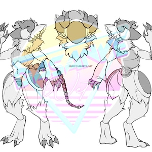 May include: Line art illustration of a furry, white, anthropomorphic creature with horns, wearing a mechanical suit. The creature is shown in three poses, with different color variations. The text "BASE BY RAGANTYE.NET" is visible in the image.