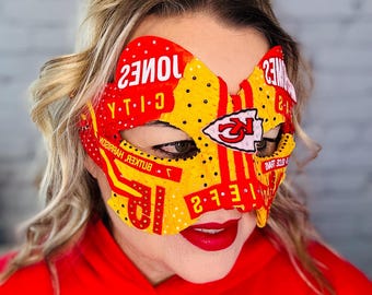Custom Game Day Mask, Kansas City Football, Masquerade, Mardi Gras Mask, Fan Gifts, Halloween Mask, Game Day, Red & Gold,