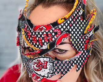 Custom Game Day Mask, Kansas City Football, Masquerade, Mardi Gras Mask, Fan Gifts, Halloween Mask, Game Day, Red & Gold,