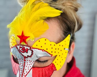 Custom Game Day Mask, Kansas City Football, Masquerade, Mardi Gras Mask, Fan Gifts, Halloween Mask, Game Day, Red & Gold,