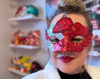 Custom Game Day Mask, Kansas City Football, Masquerade, Mardi Gras Mask, Fan Gifts, Halloween Mask, Game Day, Red & Gold,