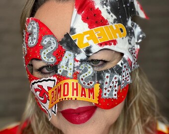 Custom Game Day Mask, Kansas City Football, Masquerade, Mardi Gras Mask, Fan Gifts, Halloween Mask, Game Day, Red & Gold,