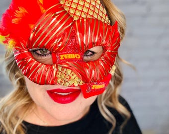 Custom Game Day Mask, Kansas City Football, Masquerade, Mardi Gras Mask, Fan Gifts, Halloween Mask, Game Day, Red & Gold,