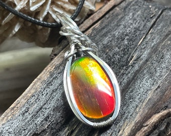 Wire Wrapped Ammolite Pendant, Argentium  Silver, Hand Crafted Natural Canadian Ammonite Jewelry, One of A Kind