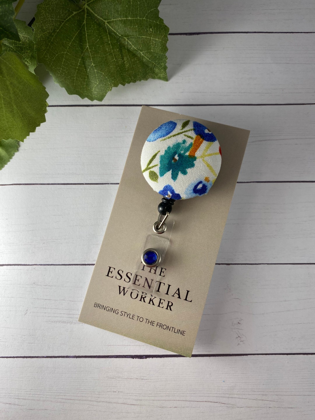 Green and Blue Flower Badge Reel, Custom ID Badge Reel, Retractable