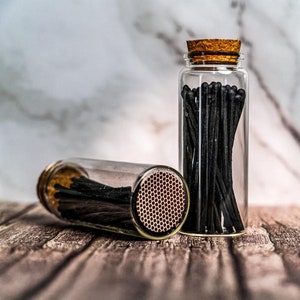 4” All Black Artisan Matches in a Apothecary Jar, Cork Lid & Striker Bottom  | Fireplace Match Bottle | Matches and Striker | Match Holder |