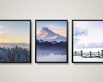 Set of 3 - 8 X 10 [Instant Download] Digital Photos - Wall Art - Winter - Snow - Holidays - Christmas - Modern - Black White - Blue