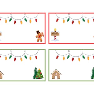 May include: Four printable gift tags with a Christmas theme. Each tag features a red and green border with a string of lights, a gingerbread person, a Christmas tree, or a gingerbread house. The text "North Pole" appears on two of the tags.