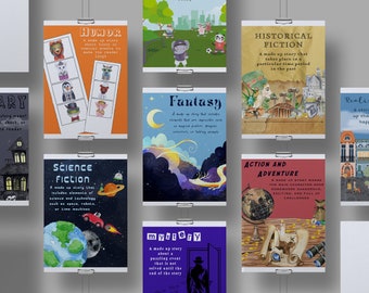 Carteles de género literario, juego de 9, géneros de ficción, carteles de género de biblioteca, carteles de aula elemental, para profesores/bibliotecarios/estudiantes