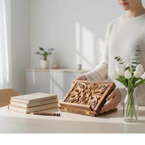Hand-Carved Wooden Book Holder Stand, Rustic Adjustable Book Display, Thoughtful Gift for Bookworms