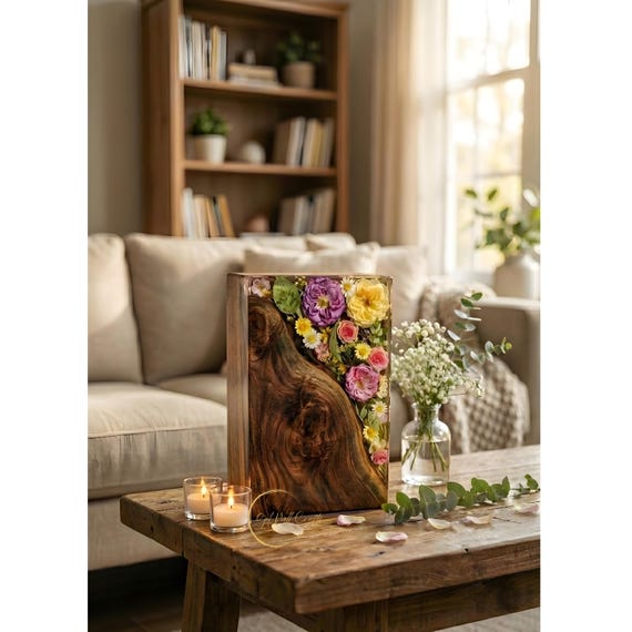 Custom Live Edge Wood Floral Resin Cremation Urn | Personalized Handmade Memorial Box Any Size and Design Botanical Resin Art Urn for Ashes
