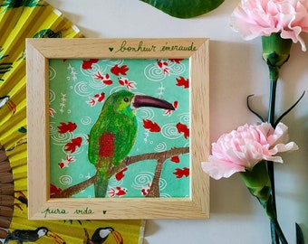 Table Toucanet Posed Happiness Emerald with Dry Pastel and Handmade Japanese Paper