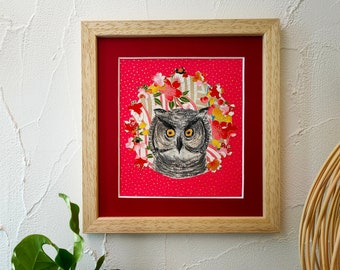 Floral Portrait Painting of an Owl in Dry Pastel and Handmade Japanese Paper