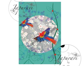 Illustration Duo of Parrots printed on Fine Art paper - postcard size - Japuravi by Fée.Muguette