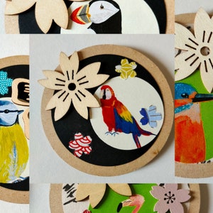 Magnet léger Oiseaux Tropicaux - Bois, papier et papier Japonais Fait Main Pièce unique