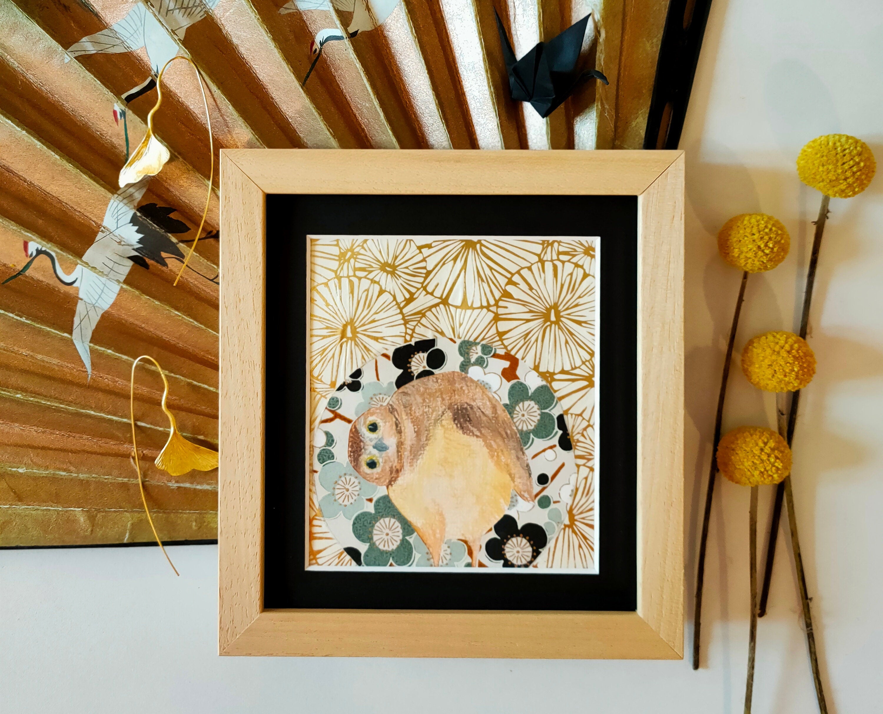 Tableau Chouette Dans Sa Bulle Au Pastel Sec et Papier Japonais Fait Main