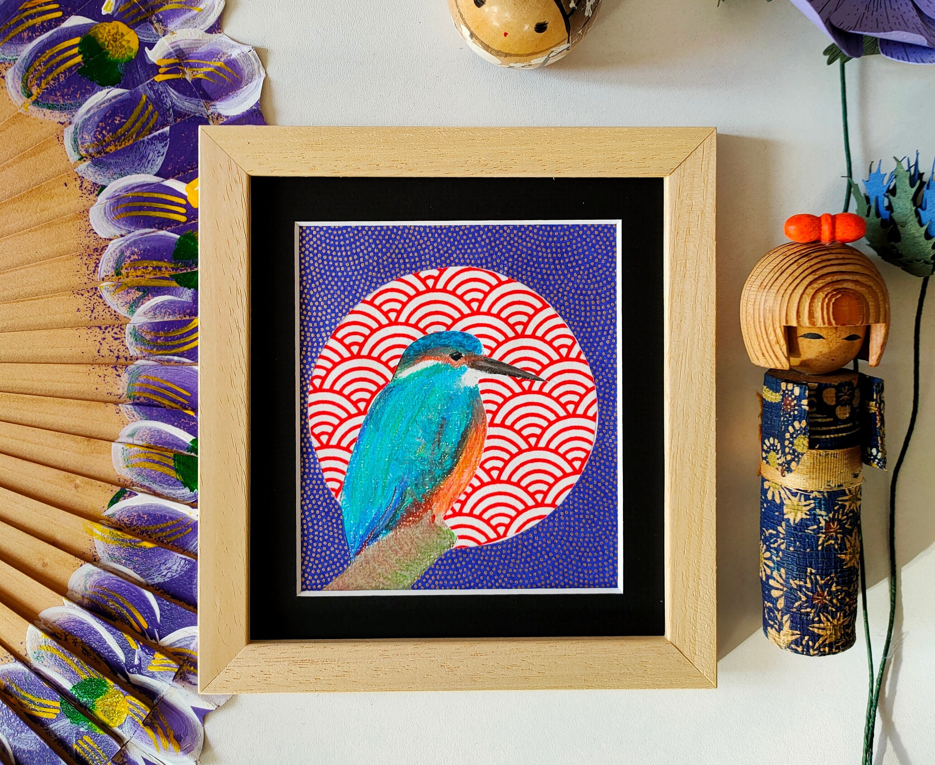 Tableau Martin-Pecheur et Clair de Lune Au Pastel Sec Papier Japonais Fait Main