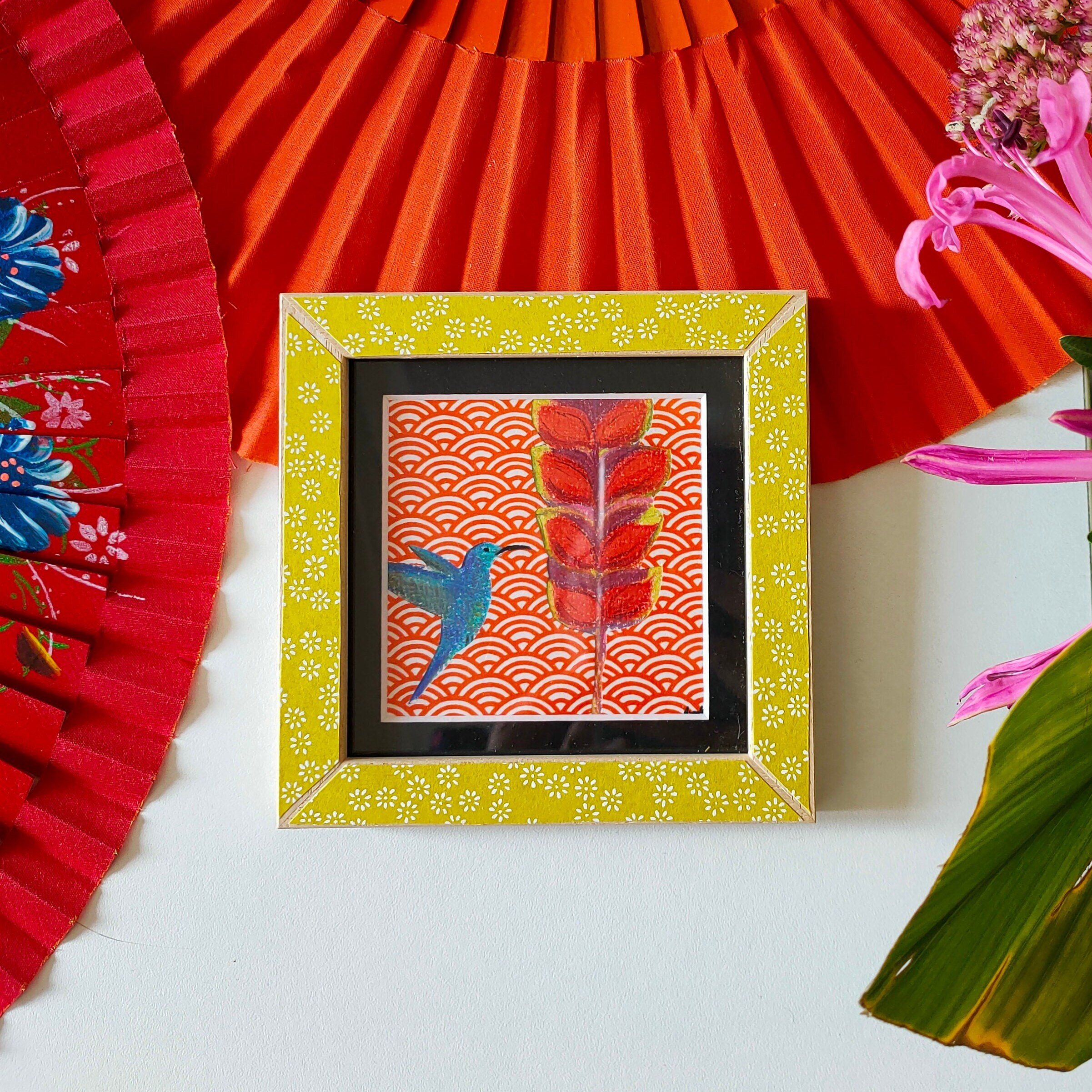 Petit Tableau Colibri et Fleur de Paradis Au Pastel Sec Papier Japonais Fait Main