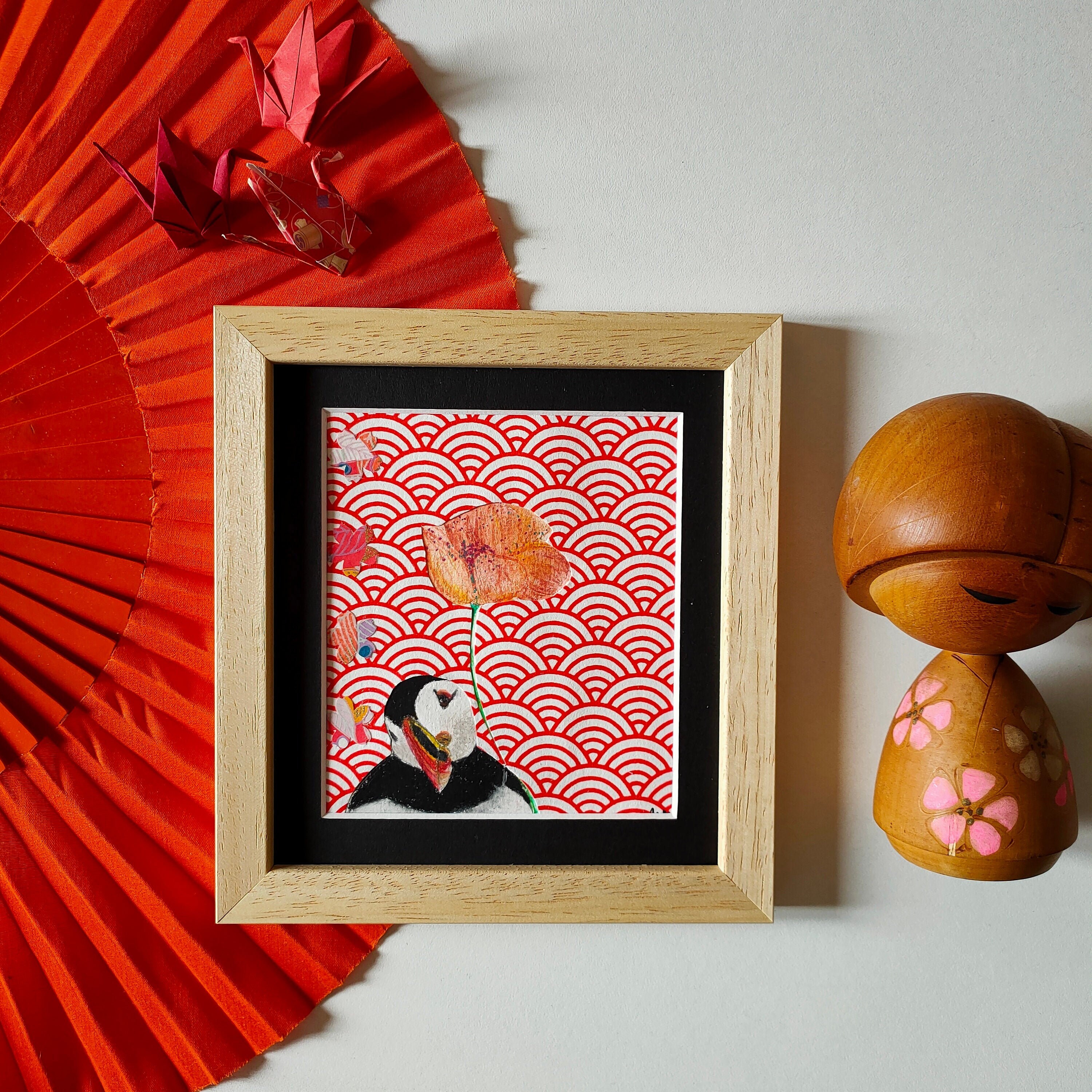 Tableau Macareux et Sa Fleur Aquarelle Au Pastel Sec Papier Japonais Fait Main