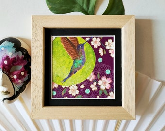 Small Multicolored Hummingbird Painting in Dry Pastel and Handmade Japanese Paper