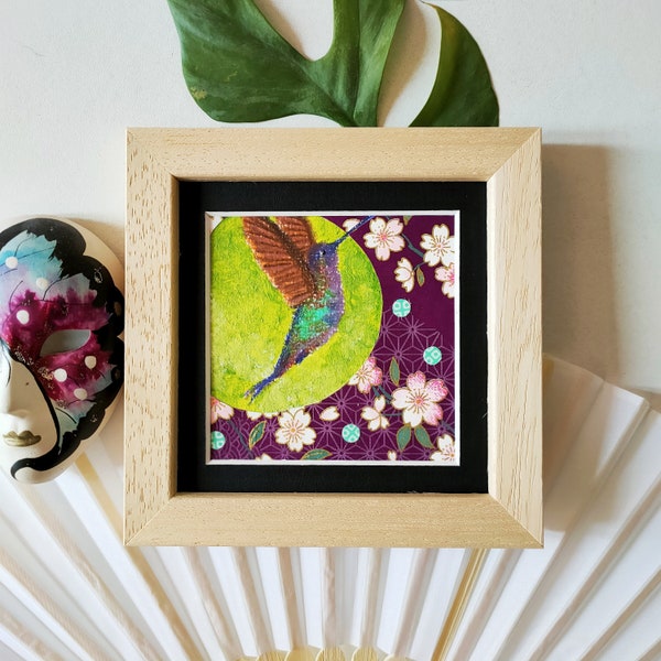 Small Multicolored Hummingbird Painting in Dry Pastel and Handmade Japanese Paper