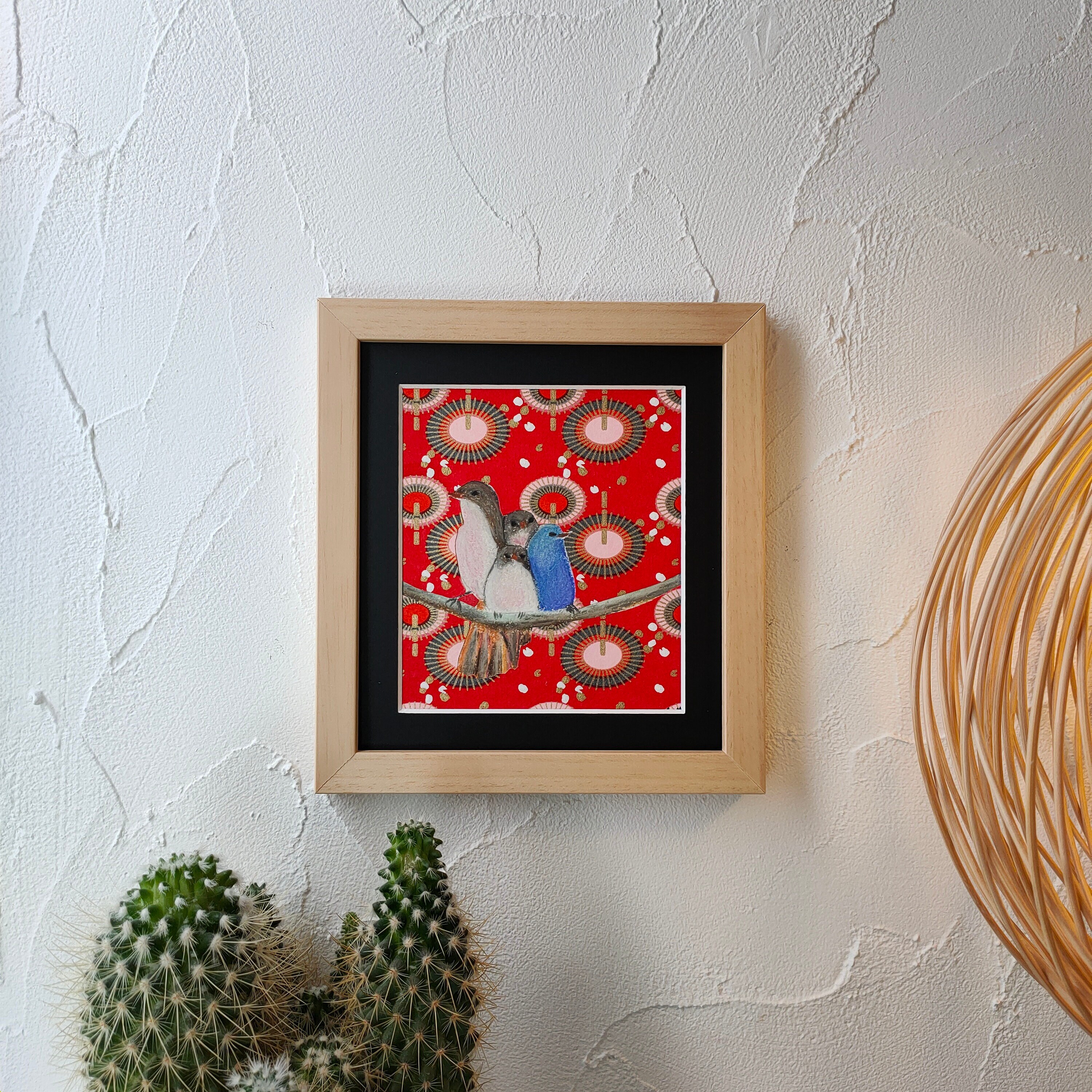 Tableau Quatuor d'oiseaux Au Pastel Sec et Papier Japonais Fait Main