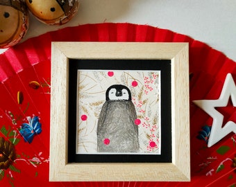 Small Baby Penguin Painting in Dry Pastel and Handmade Japanese Paper