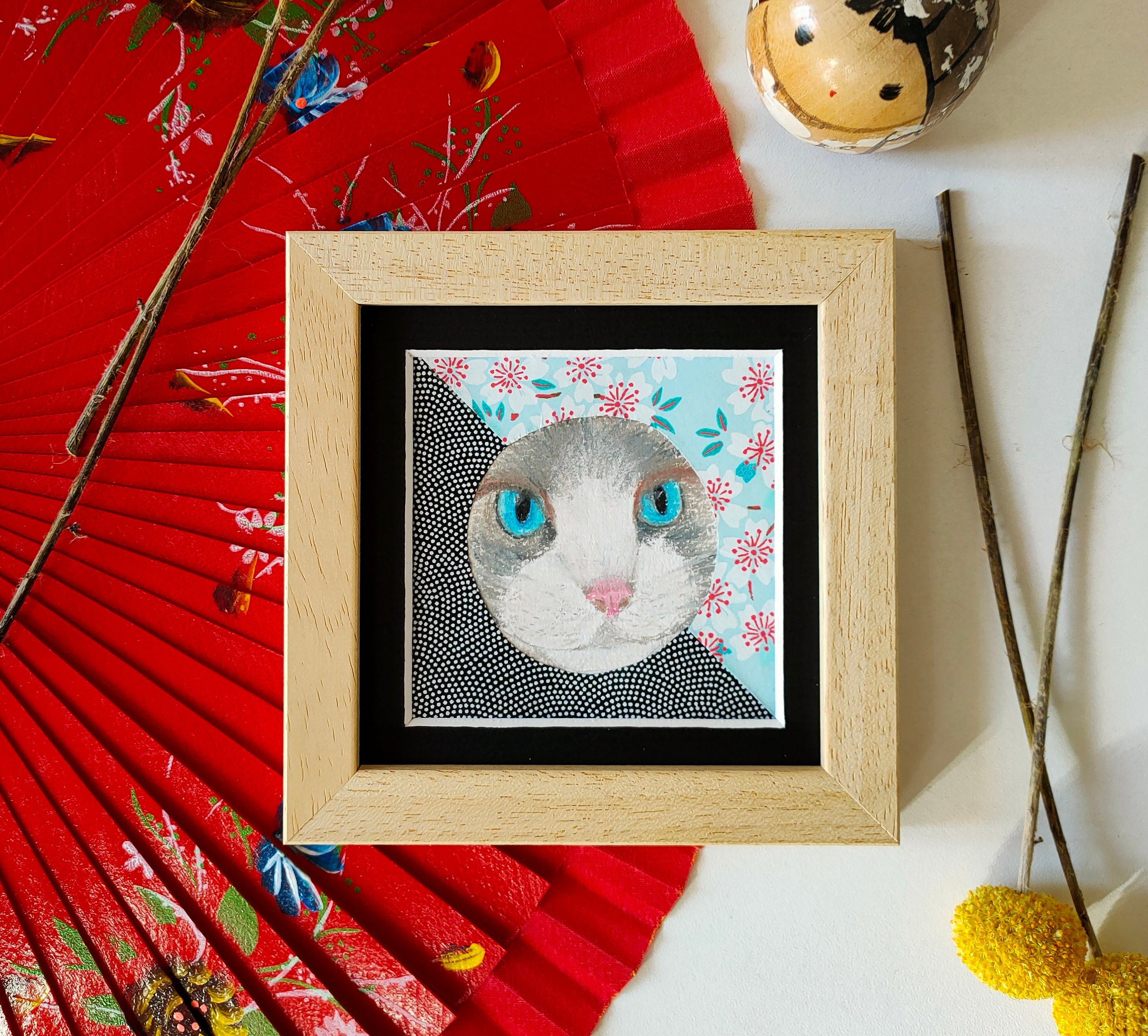 Petit Tableau Chat Curieux Au Pastel Sec et Papier Japonais Fait Main
