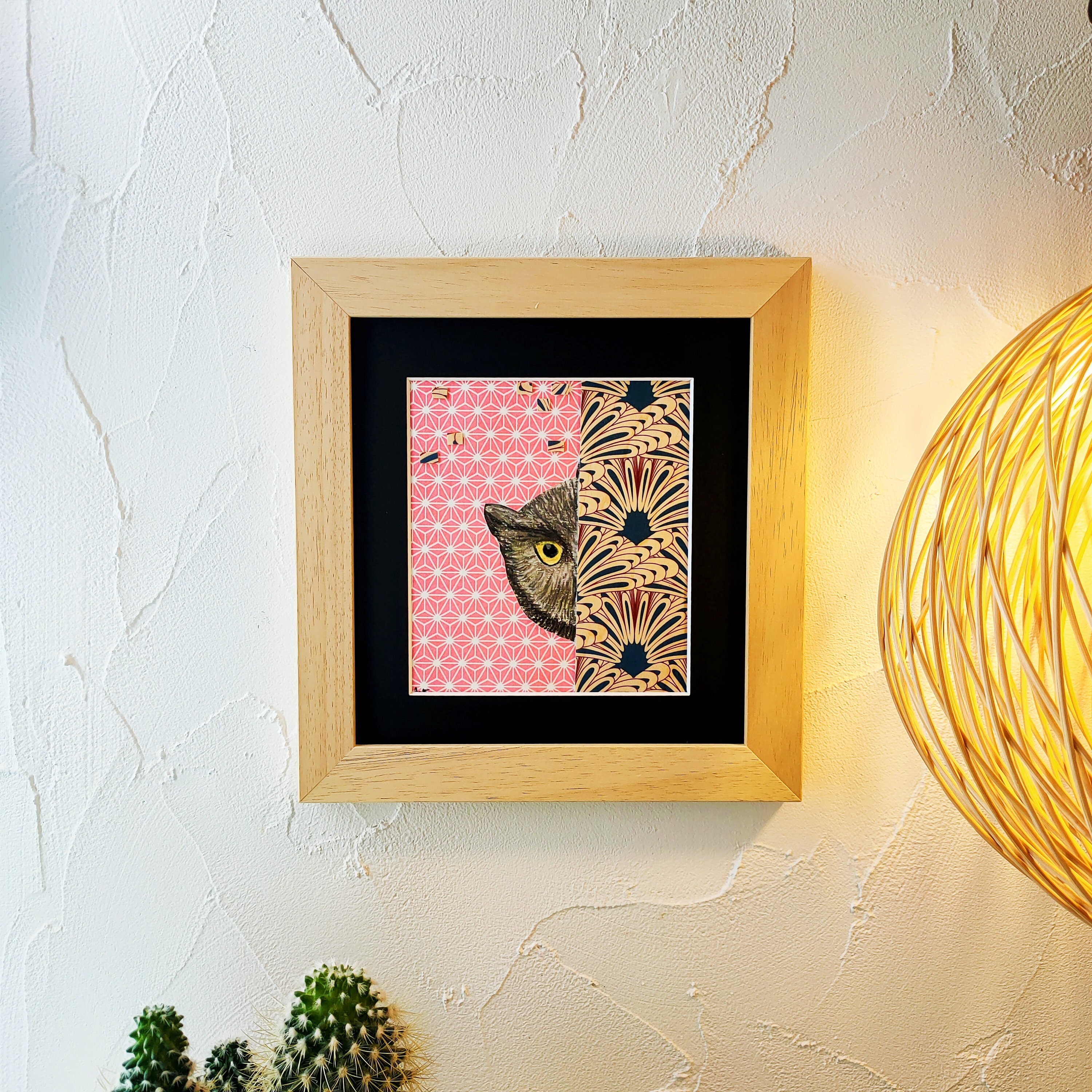 Tableau Hibou Curieux Au Pastel Sec et Papier Japonais Fait Main