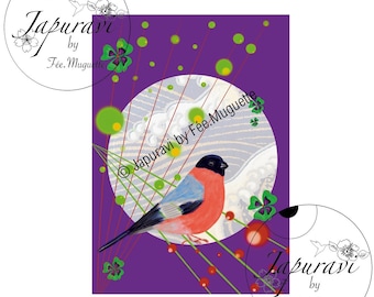 Bullfinch illustration printed on Fine Art paper - postcard format - Japuravi by Fée.Muguette