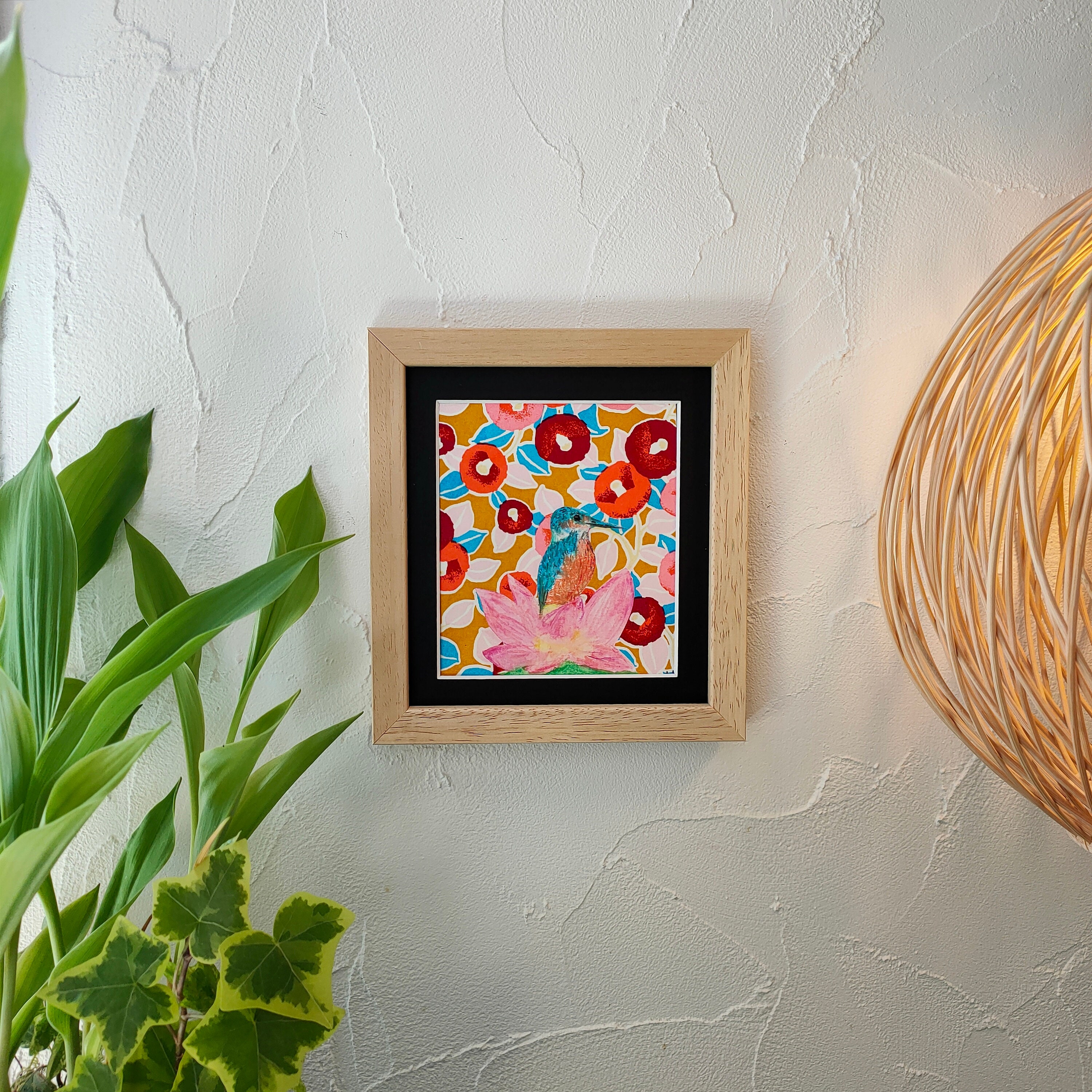 Tableau Martin-Pecheur et Lotus Au Pastel Sec Papier Japonais Fait Main