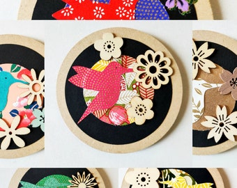 Light wood magnets and Japanese washi paper Handmade Unique pieces