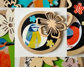 Light magnet Country birds - Wood, paper and Japanese paper Handmade Unique piece