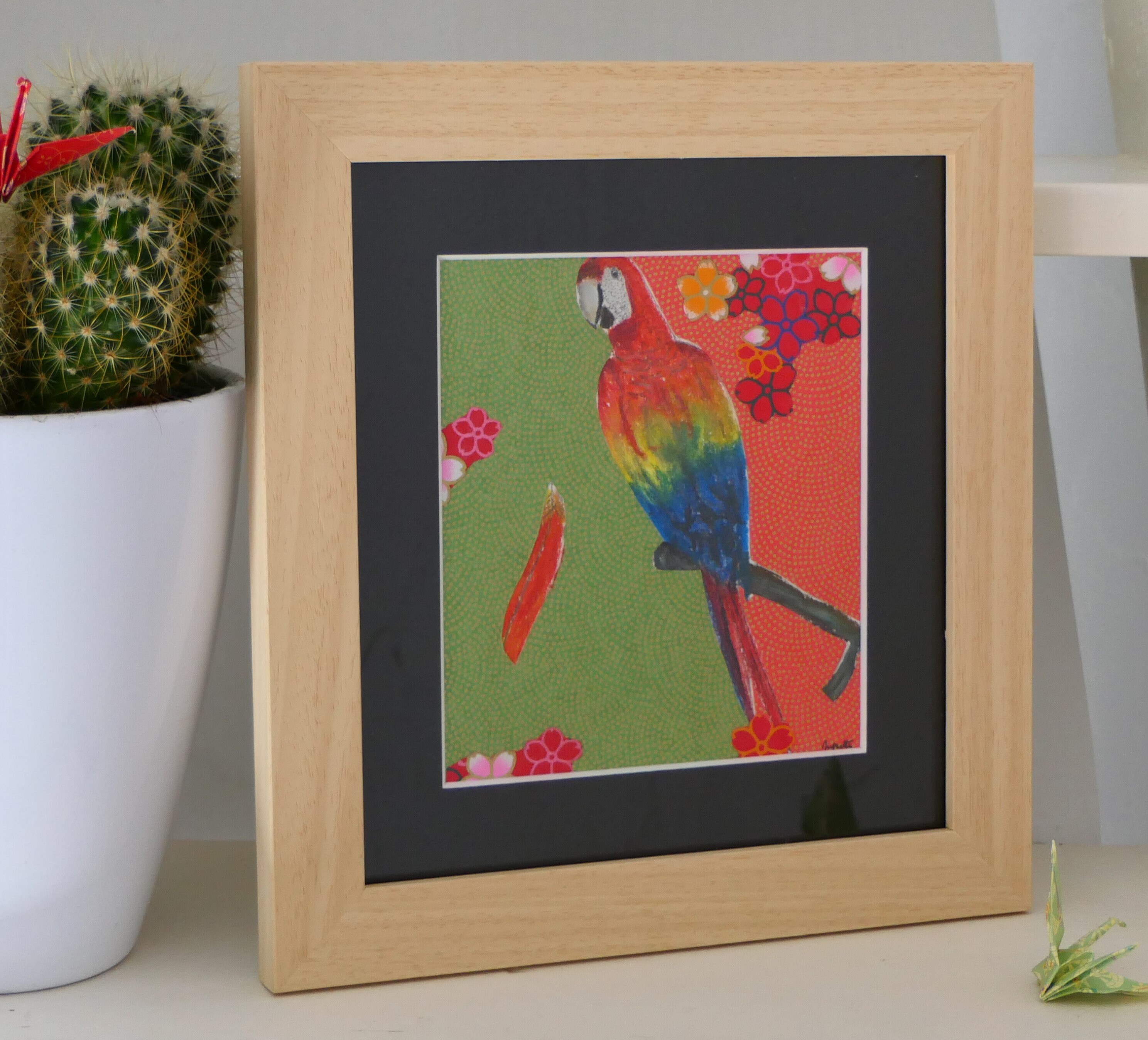 Tableau Perroquet Au Pastel Sec et Papier Japonais Fait Main